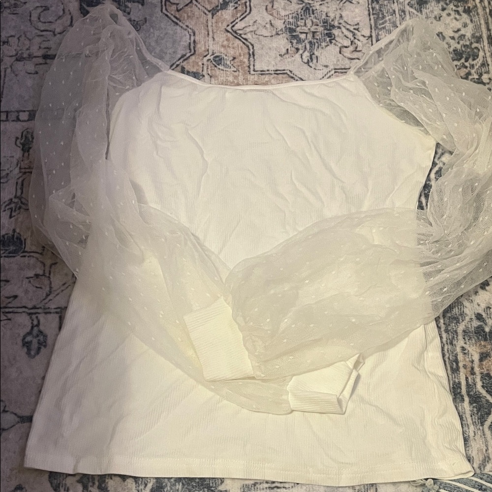Elegant White Women's Top with Sheer Sleeves